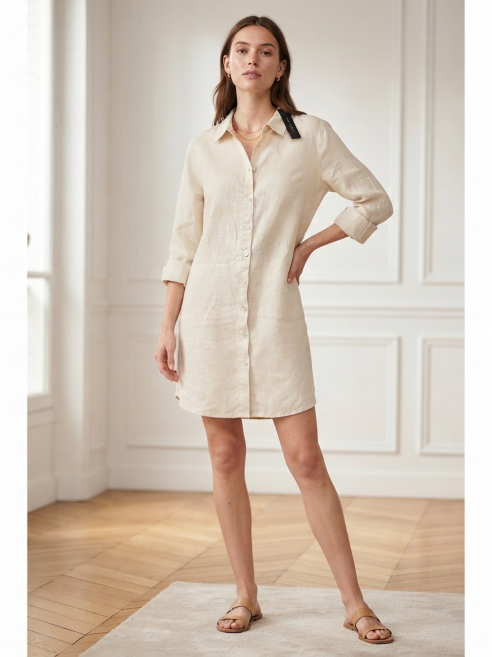 Tahari Womens Large Ivory 100% Linen Long Roll Tab Button Up Tunic Shirt Dress